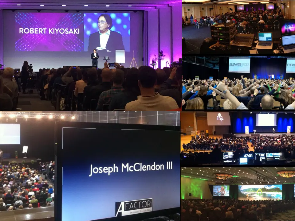 Large conference stage illuminated in blue